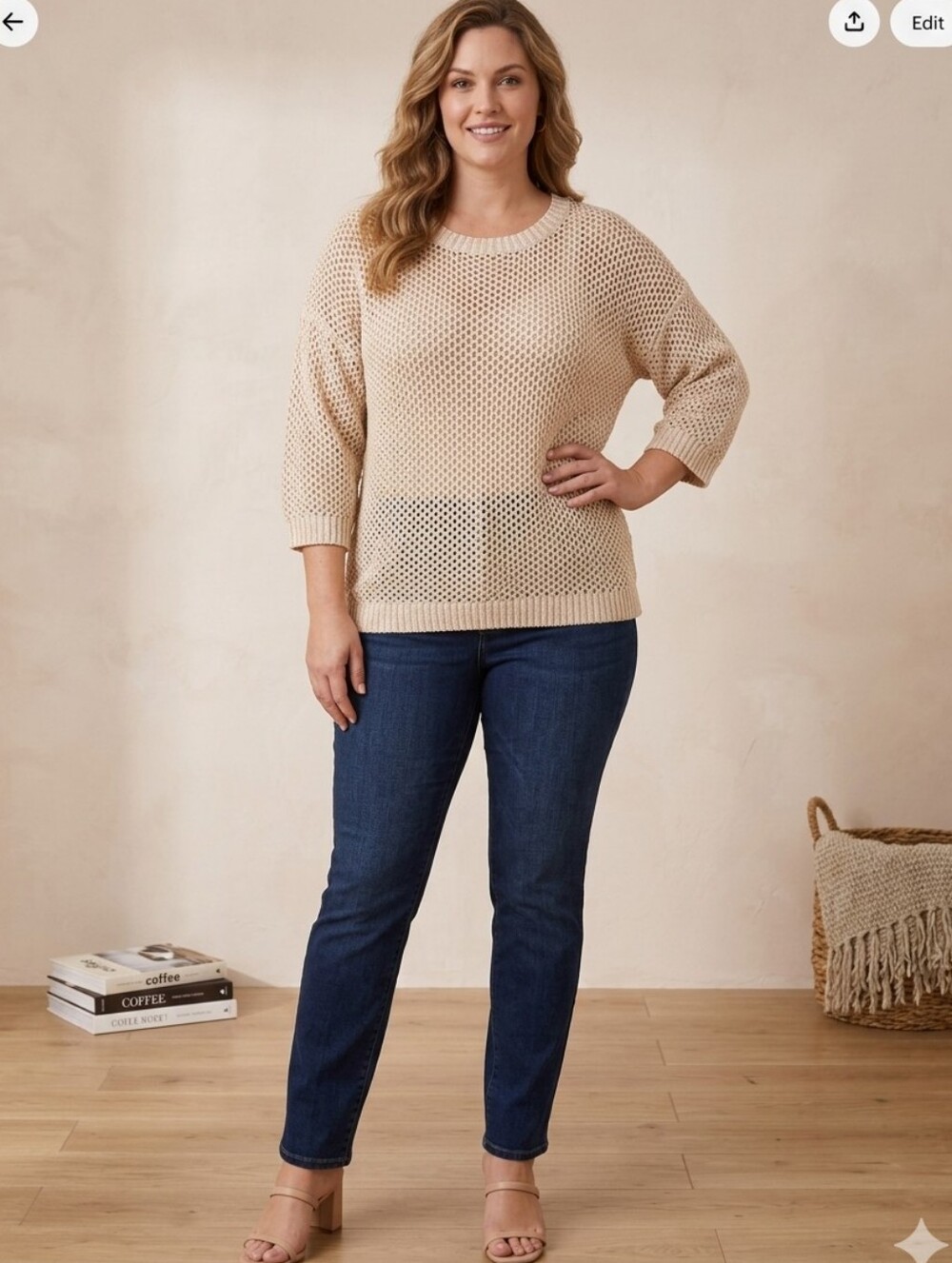 Peter Nygard Sweater Beige Open Knit 3/4 Sleeve Beige/Gold Size 2X